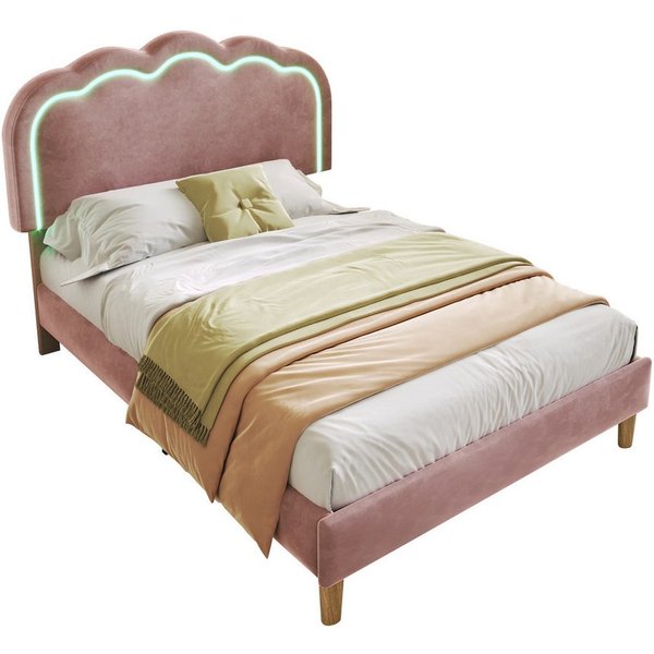 Flieks Polsterbett, LED Beleuchtung Einzelbett mit höhenverstellbarem Kopfteil 90x200cm