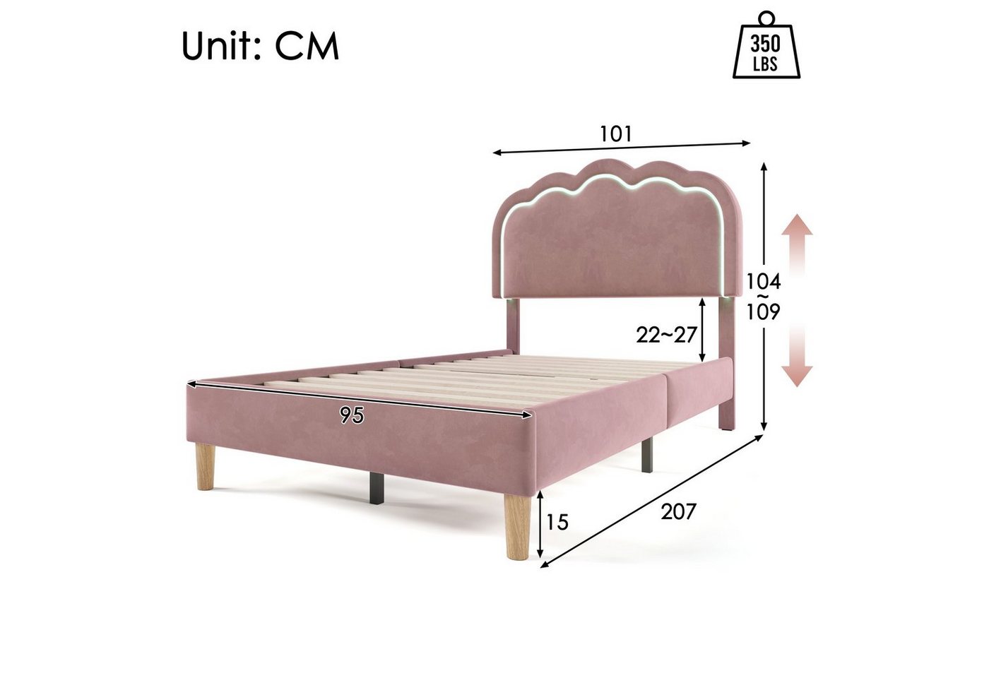 Flieks Polsterbett, LED Beleuchtung Einzelbett mit höhenverstellbarem Kopfteil 90x200cm – Bild 4 von 5