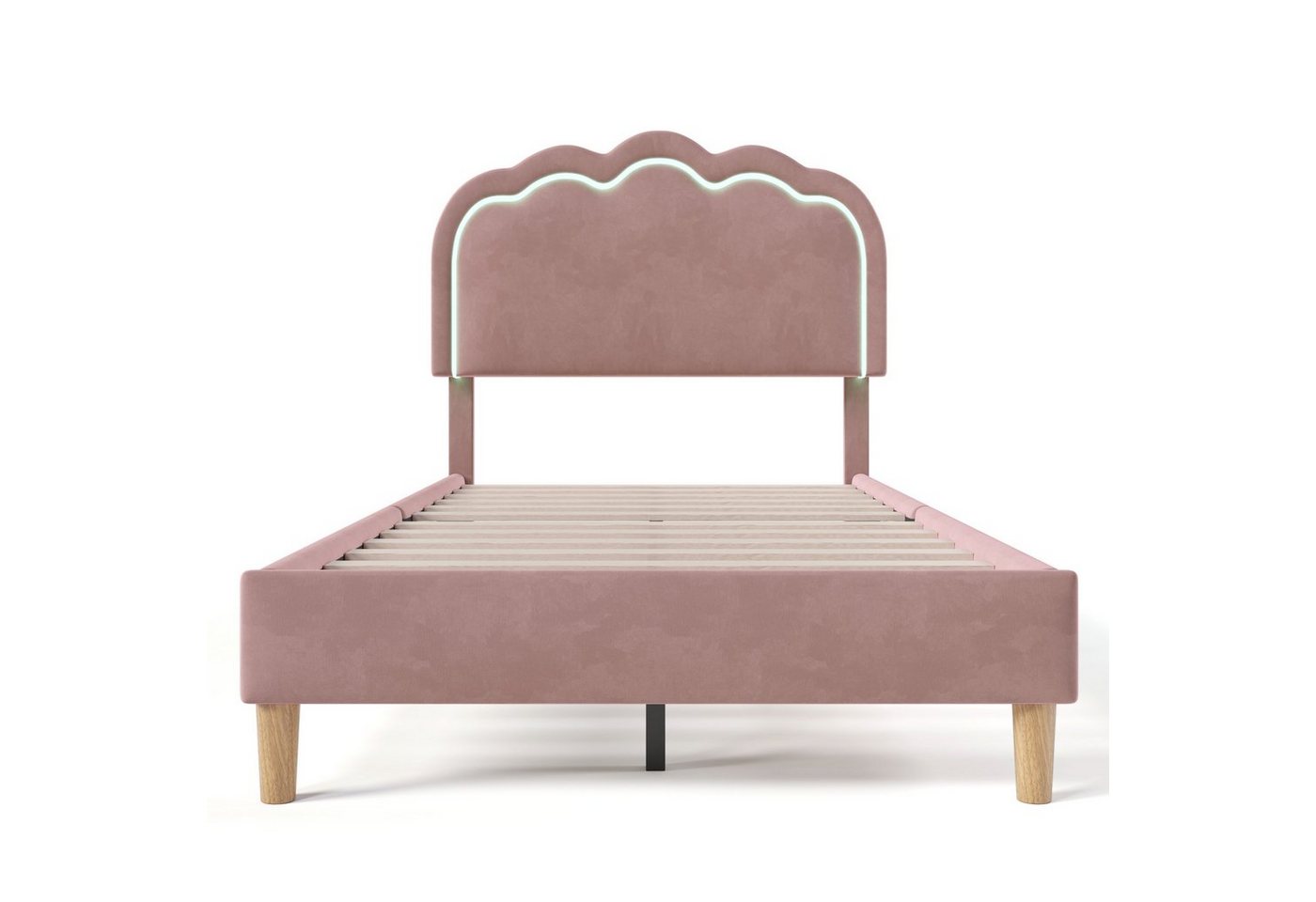 Flieks Polsterbett, LED Beleuchtung Einzelbett mit höhenverstellbarem Kopfteil 90x200cm – Bild 5 von 5