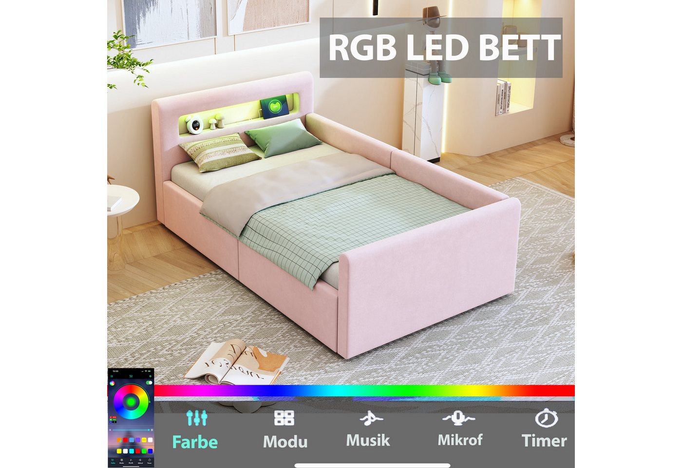 Flieks Polsterbett, Hydraulisches Stauraumbett Kinderbett 90x200cm mit Led und USB/Typ-C – Bild 2 von 5