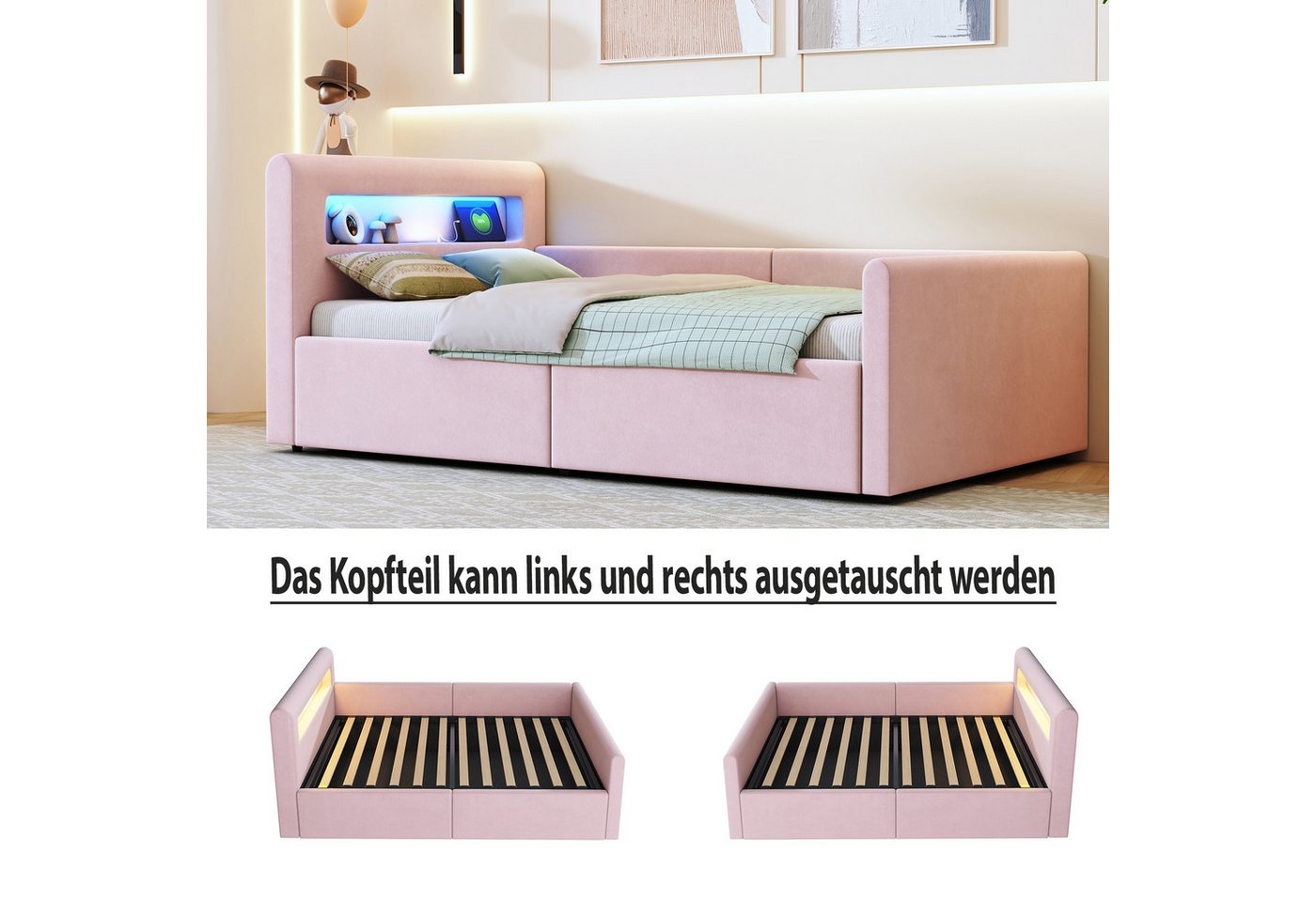 Flieks Polsterbett, Hydraulisches Stauraumbett Kinderbett 90x200cm mit Led und USB/Typ-C – Bild 4 von 5