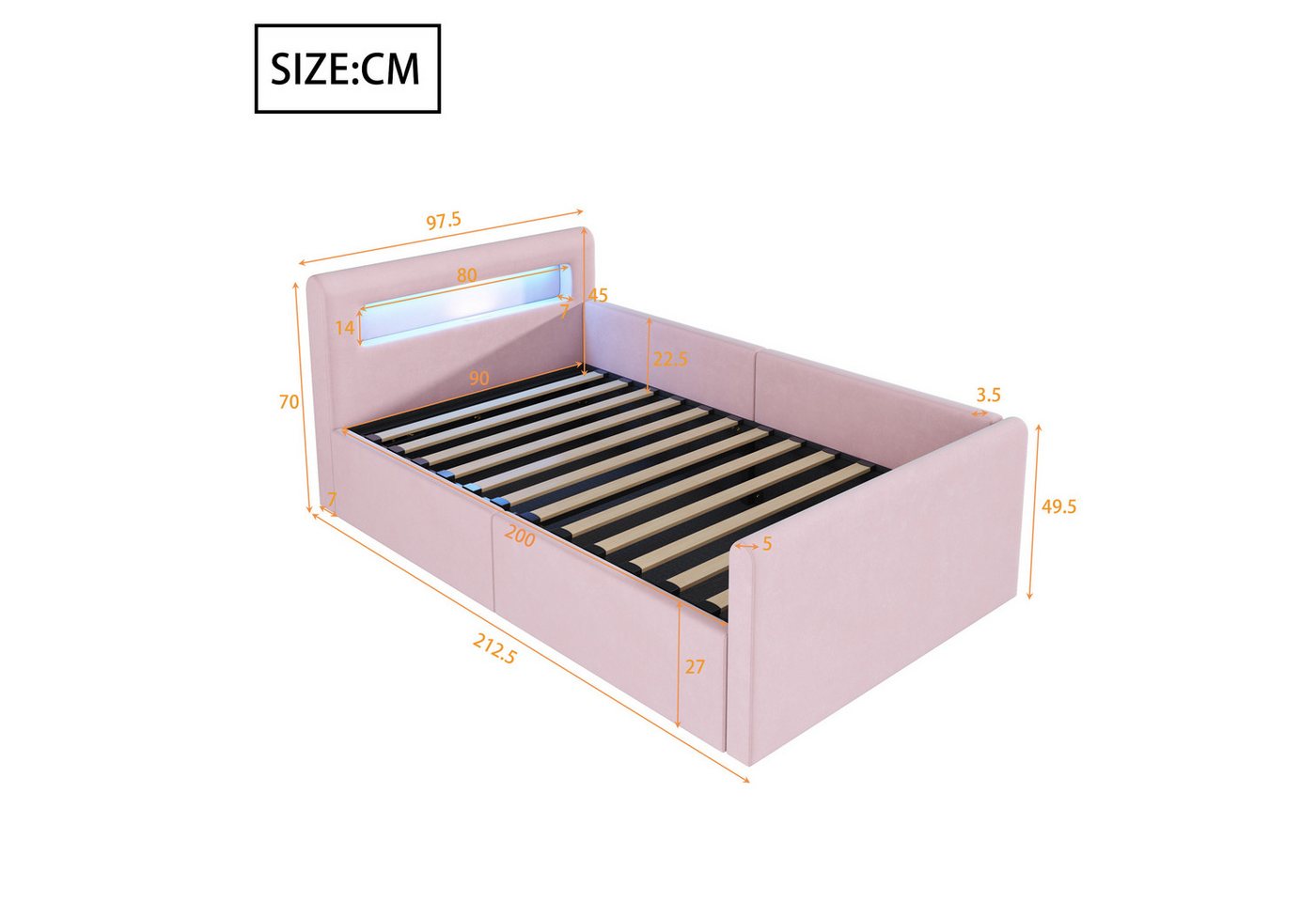 Flieks Polsterbett, Hydraulisches Stauraumbett Kinderbett 90x200cm mit Led und USB/Typ-C – Bild 5 von 5