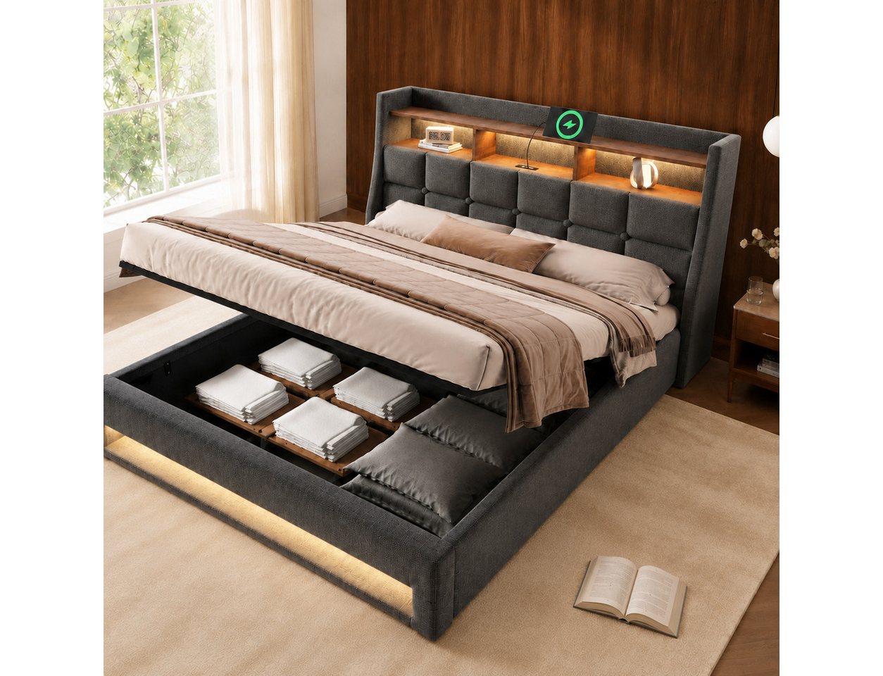 Flieks Polsterbett, Baumwolle-Leinen Bezug Stauraumbett mit USB-Anschluss + LED 180x200cm – Bild 2 von 5