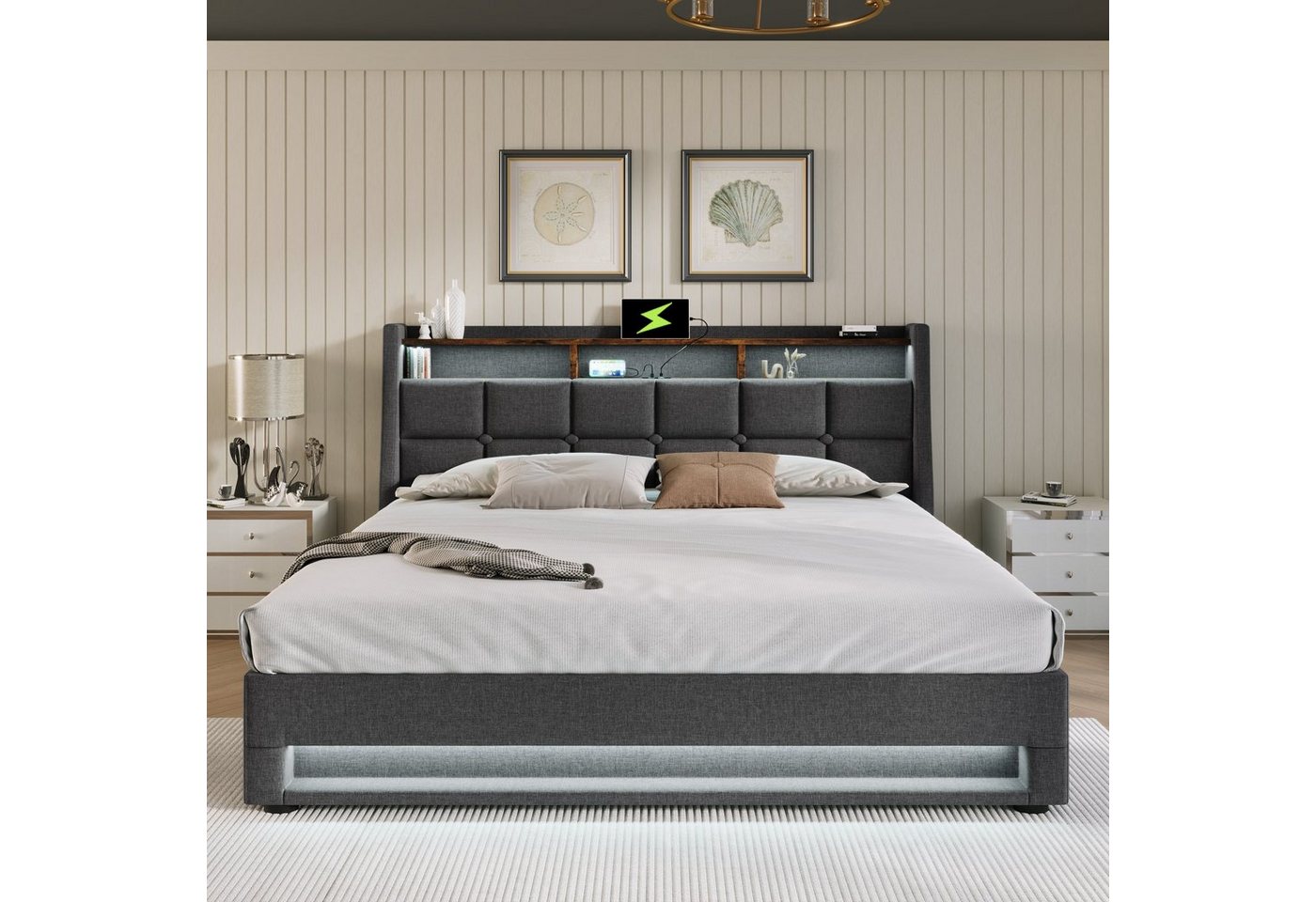 Flieks Polsterbett, Baumwolle-Leinen Bezug Stauraumbett mit USB-Anschluss + LED 180x200cm – Bild 3 von 5