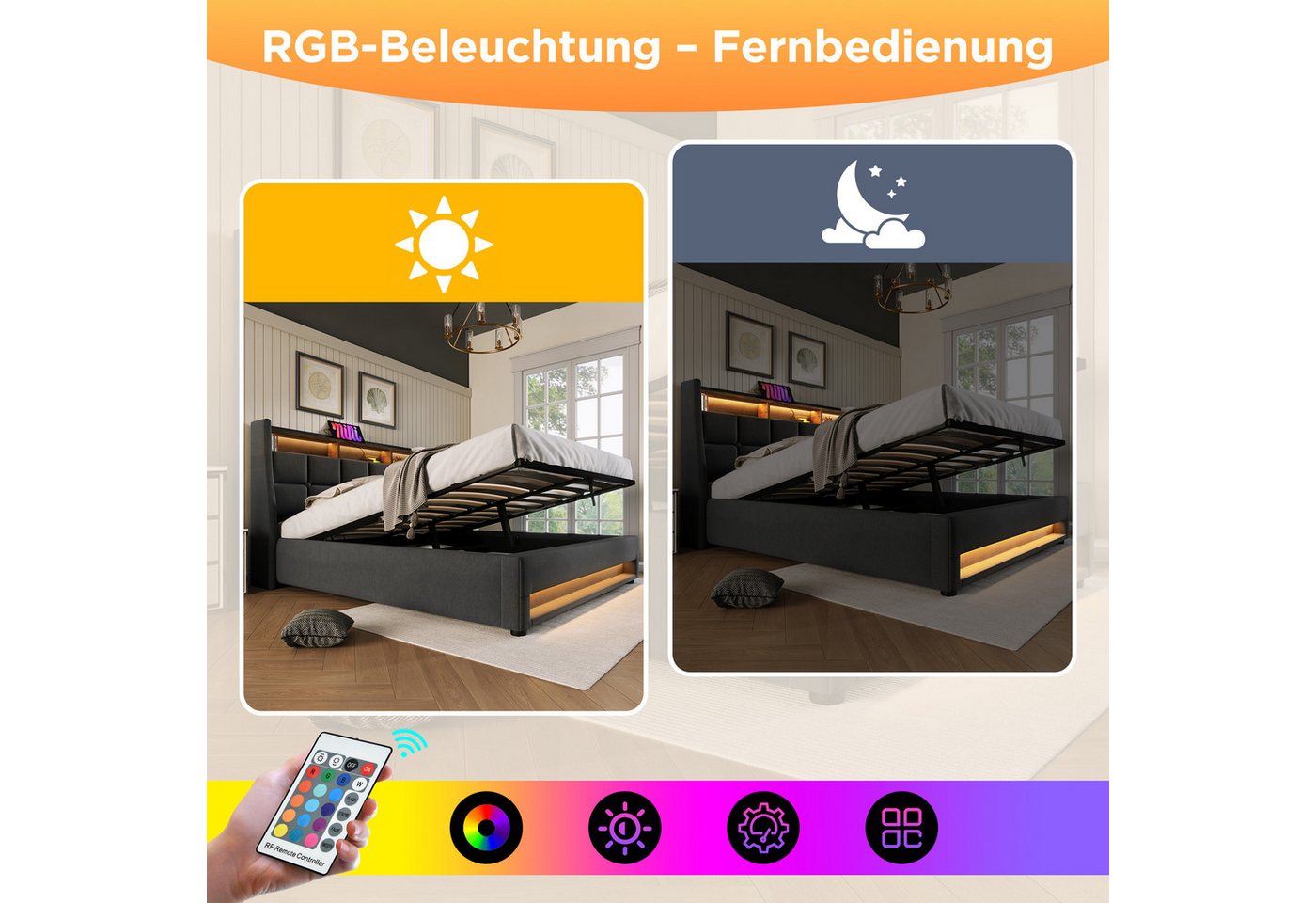 Flieks Polsterbett, Baumwolle-Leinen Bezug Stauraumbett mit USB-Anschluss + LED 180x200cm – Bild 4 von 5