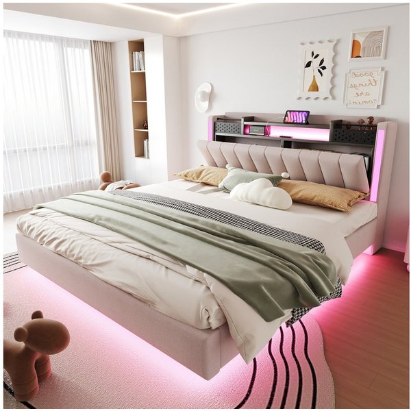 Flieks Polsterbett, LED Schwebebett Doppelbett 160x200cm mit USB-Aufladen und Stauraum