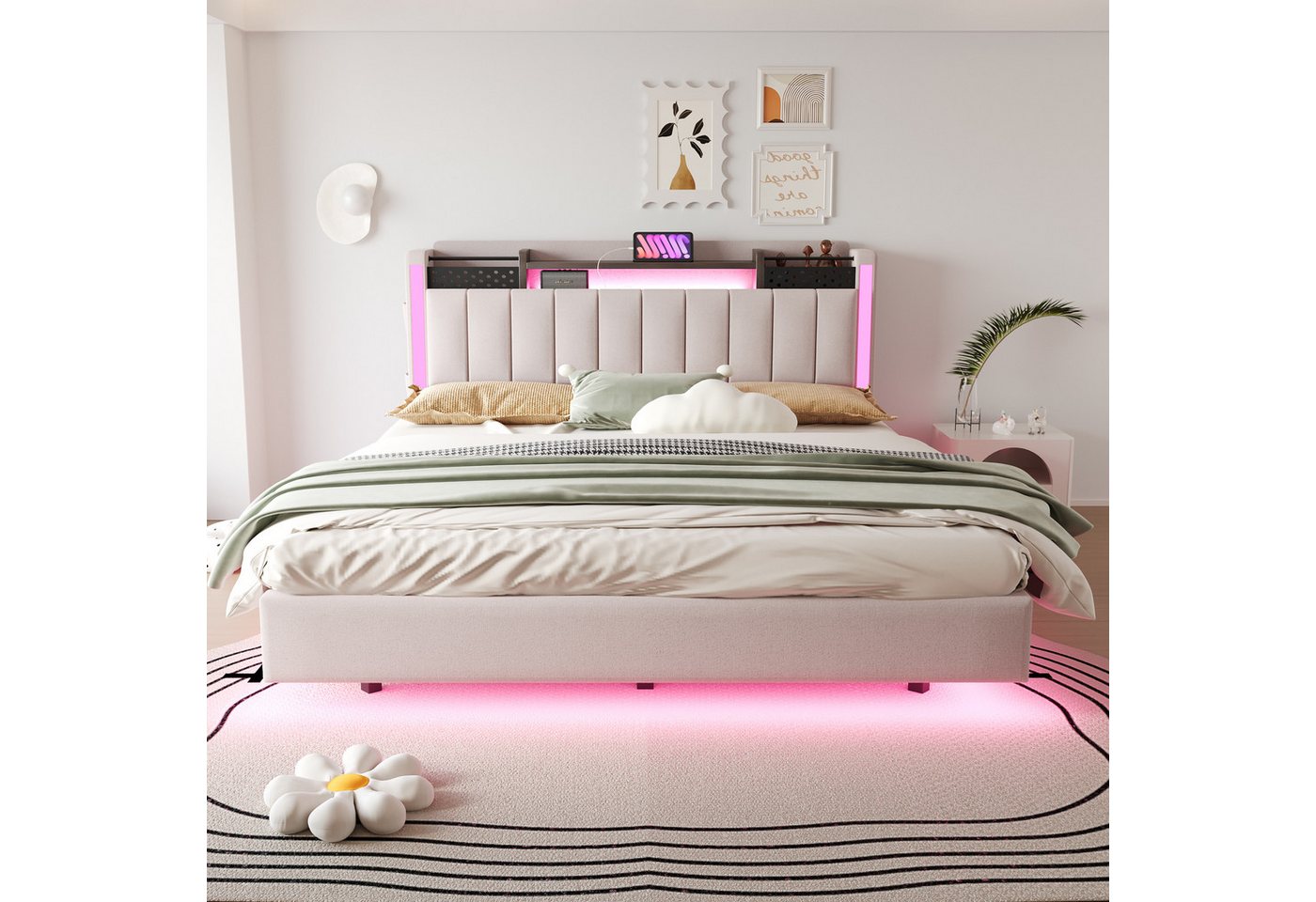 Flieks Polsterbett, LED Schwebebett Doppelbett 160x200cm mit USB-Aufladen und Stauraum – Bild 2 von 5