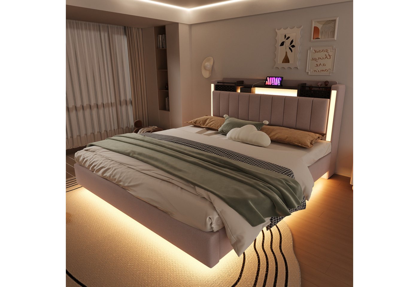 Flieks Polsterbett, LED Schwebebett Doppelbett 160x200cm mit USB-Aufladen und Stauraum – Bild 3 von 5