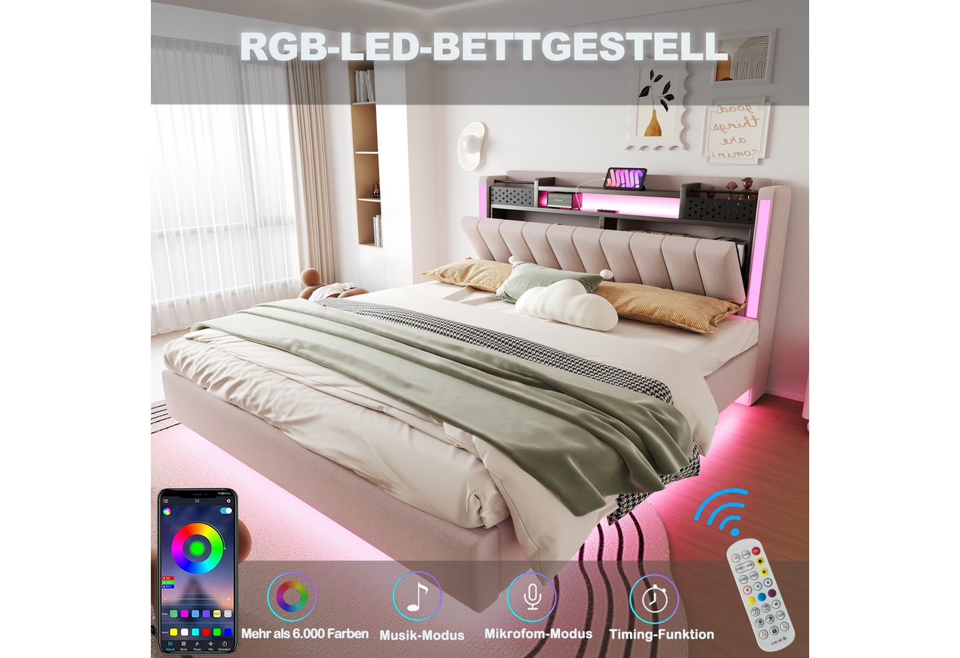 Flieks Polsterbett, LED Schwebebett Doppelbett 160x200cm mit USB-Aufladen und Stauraum – Bild 4 von 5