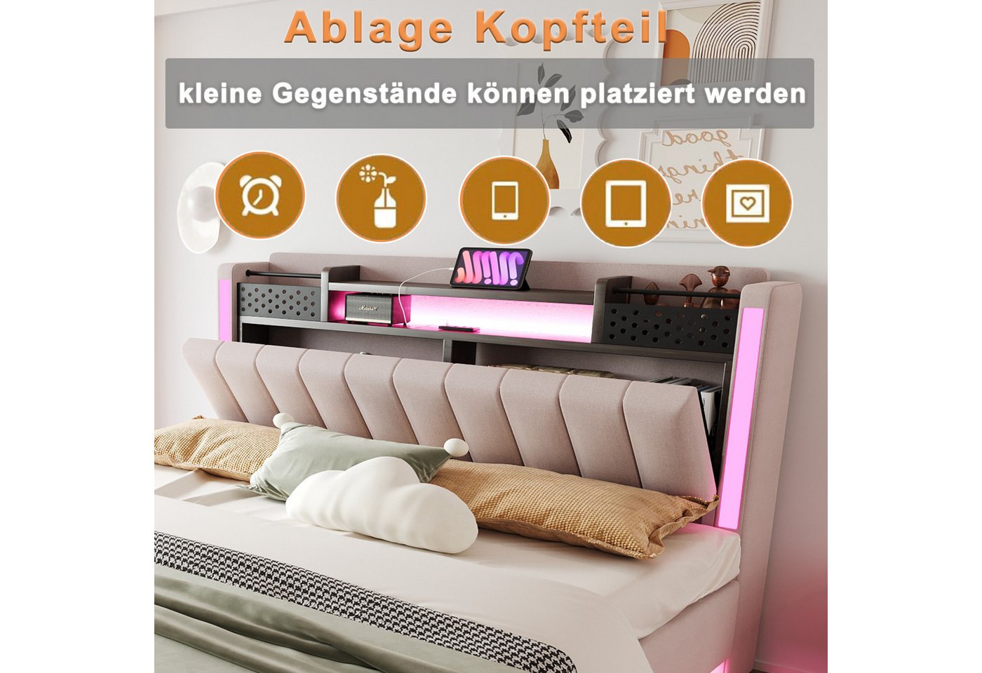 Flieks Polsterbett, LED Schwebebett Doppelbett 160x200cm mit USB-Aufladen und Stauraum – Bild 5 von 5