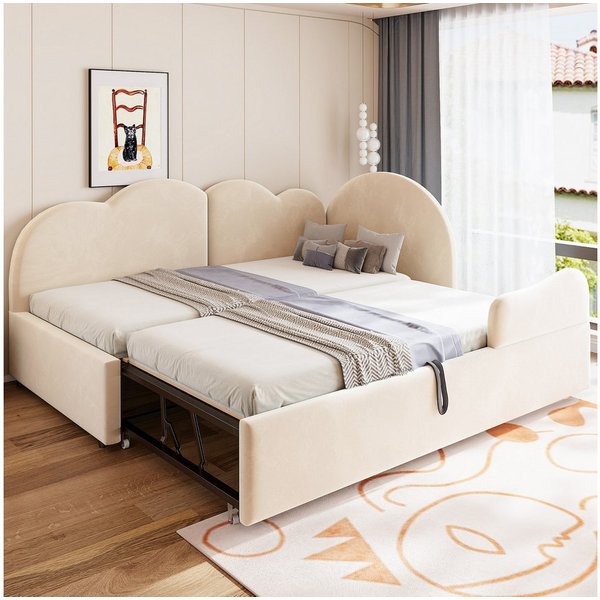 Flieks Polsterbett, L-Form Daybett 90/180x200cm mit Ausziehbett und Kopfteil in Wolkenform