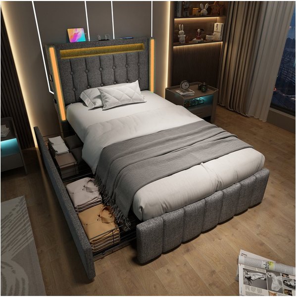 Flieks Polsterbett, LED Beleuchtung Einzelbett 90x200cm mit Ladefunktion und 2 Schubladen