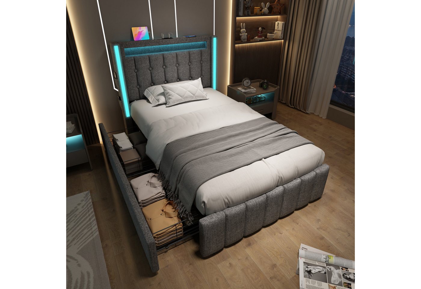 Flieks Polsterbett, LED Beleuchtung Einzelbett 90x200cm mit Ladefunktion und 2 Schubladen – Bild 2 von 5