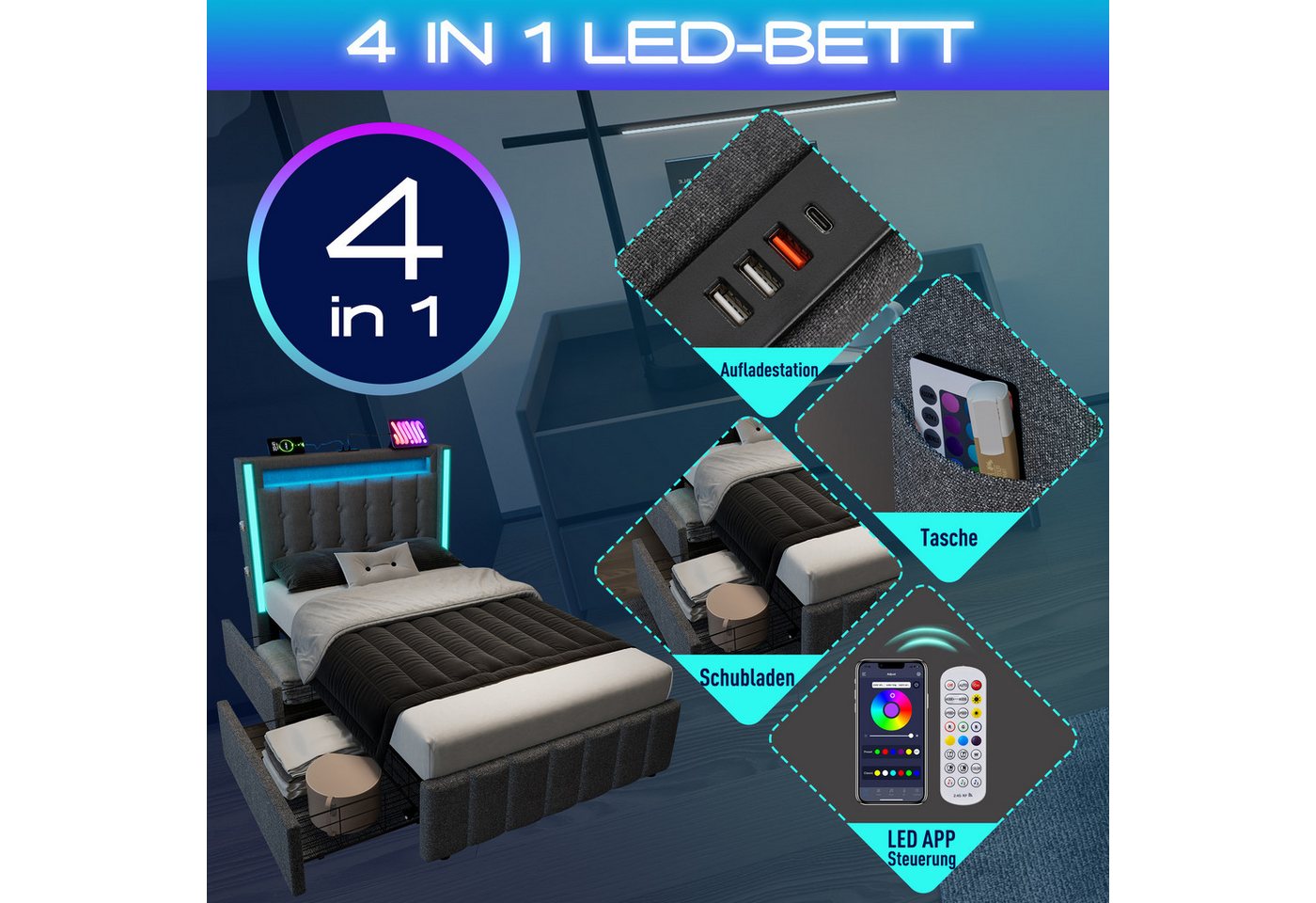 Flieks Polsterbett, LED Beleuchtung Einzelbett 90x200cm mit Ladefunktion und 2 Schubladen – Bild 3 von 5