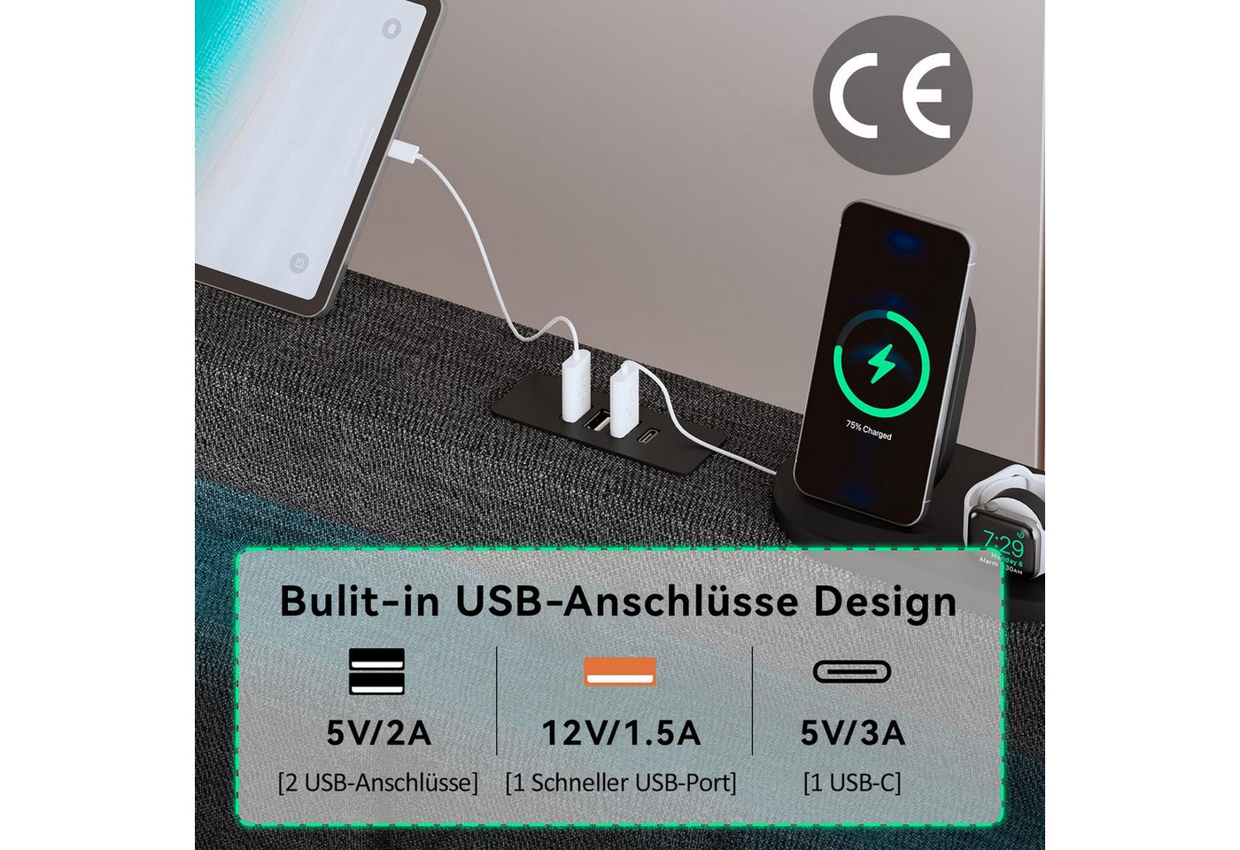 Flieks Polsterbett, LED Beleuchtung Einzelbett 90x200cm mit Ladefunktion und 2 Schubladen – Bild 4 von 5