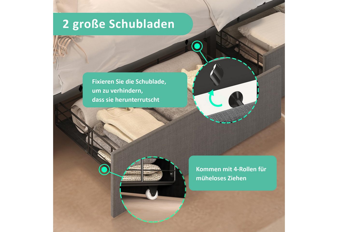 Flieks Polsterbett, LED Beleuchtung Einzelbett 90x200cm mit Ladefunktion und 2 Schubladen – Bild 5 von 5