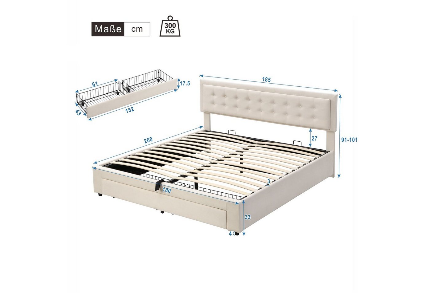 Flieks Polsterbett, Hydraulisches Stauraumbett Doppelbett Samt 180x200cm – Bild 3 von 5