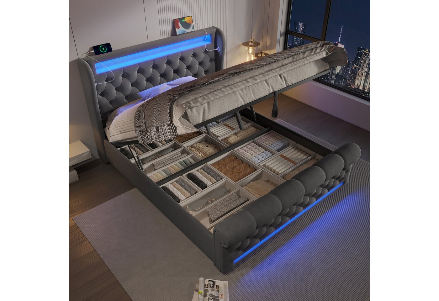 Flieks Polsterbett, Hydraulisches Stauraumbett 160x200cm mit LED Beleuchtung und USB/Typ-C – Bild 2 von 5