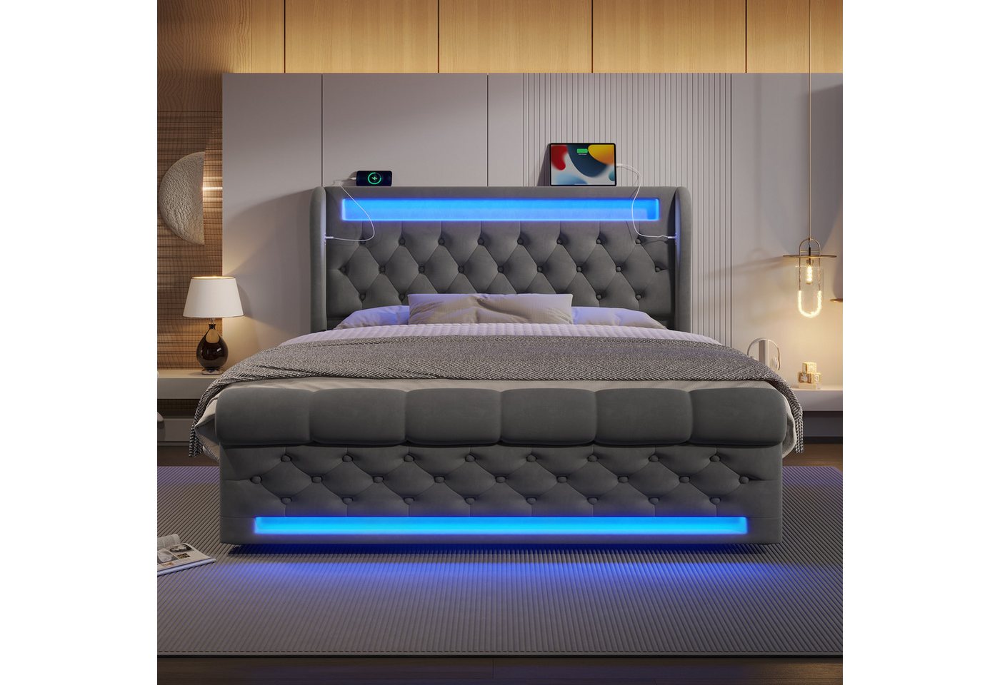 Flieks Polsterbett, Hydraulisches Stauraumbett 160x200cm mit LED Beleuchtung und USB/Typ-C – Bild 3 von 5