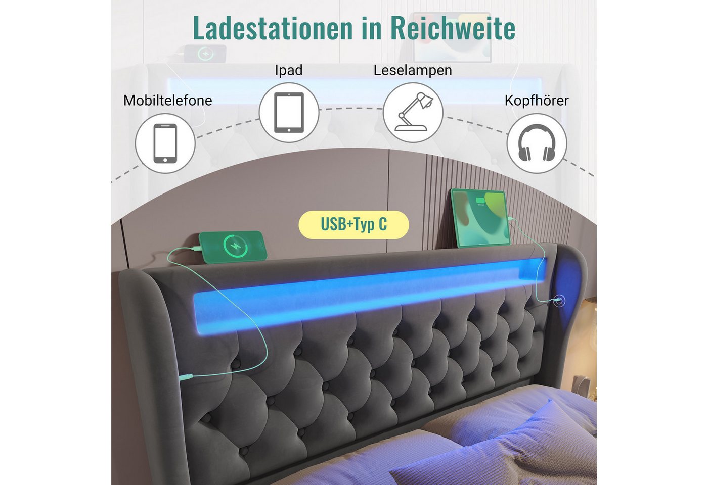Flieks Polsterbett, Hydraulisches Stauraumbett 160x200cm mit LED Beleuchtung und USB/Typ-C – Bild 5 von 5
