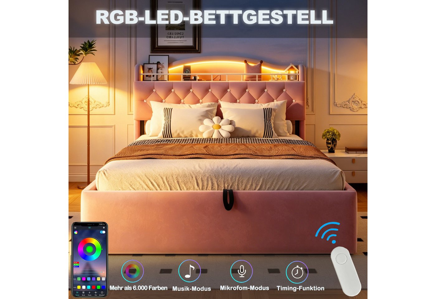 Flieks Polsterbett, Hydraulisches Kinderbett 140x200cm mit LED, Stauraum und Aufladen – Bild 3 von 5
