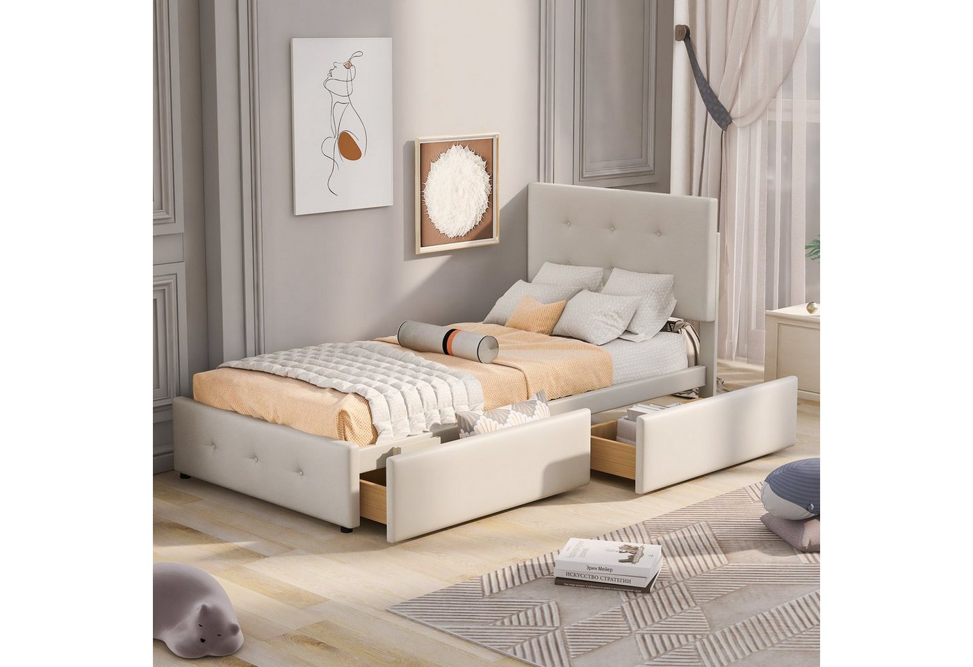 Flieks Polsterbett, Einzelbett Holzbett 2 Schubladen Samt 90x200cm – Bild 3 von 5