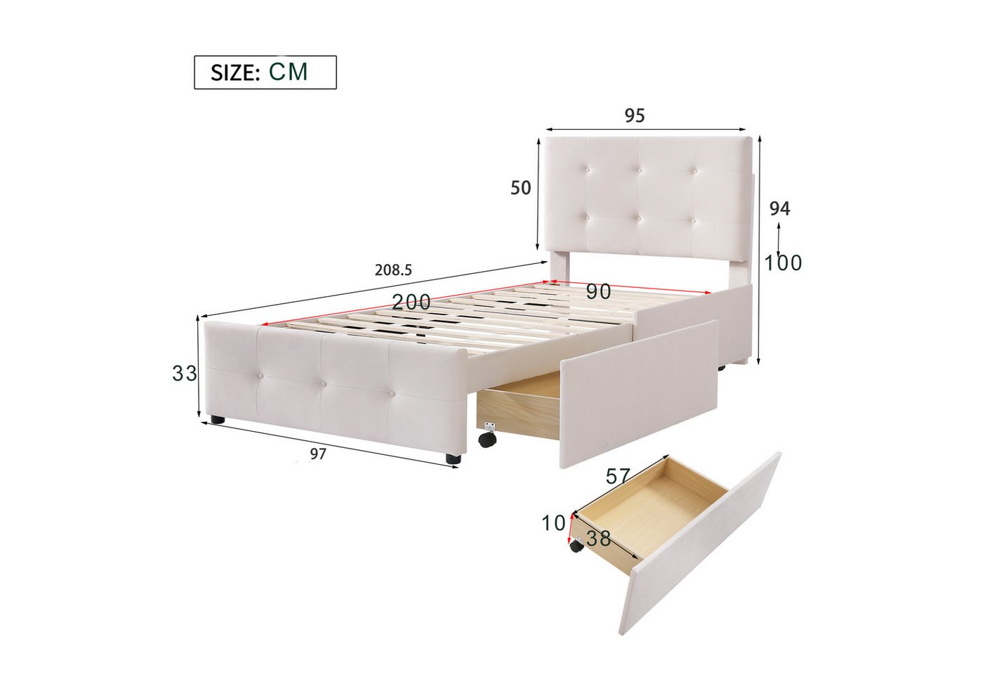Flieks Polsterbett, Einzelbett Holzbett 2 Schubladen Samt 90x200cm – Bild 4 von 5