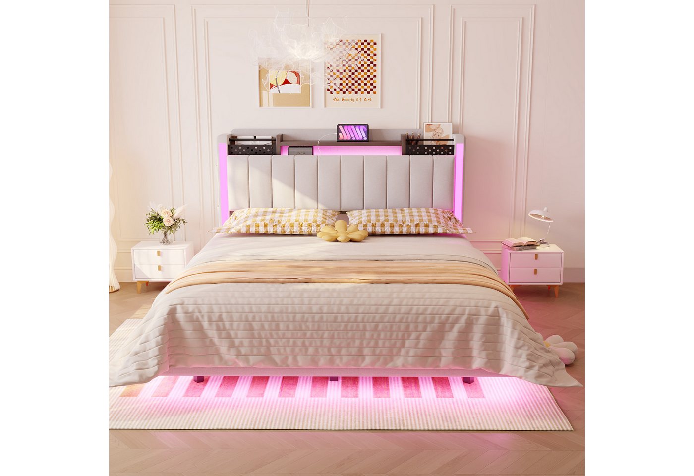 Flieks Polsterbett, LED Schwebebett Doppelbett 140x200cm mit USB-Aufladen und Stauraum – Bild 2 von 5