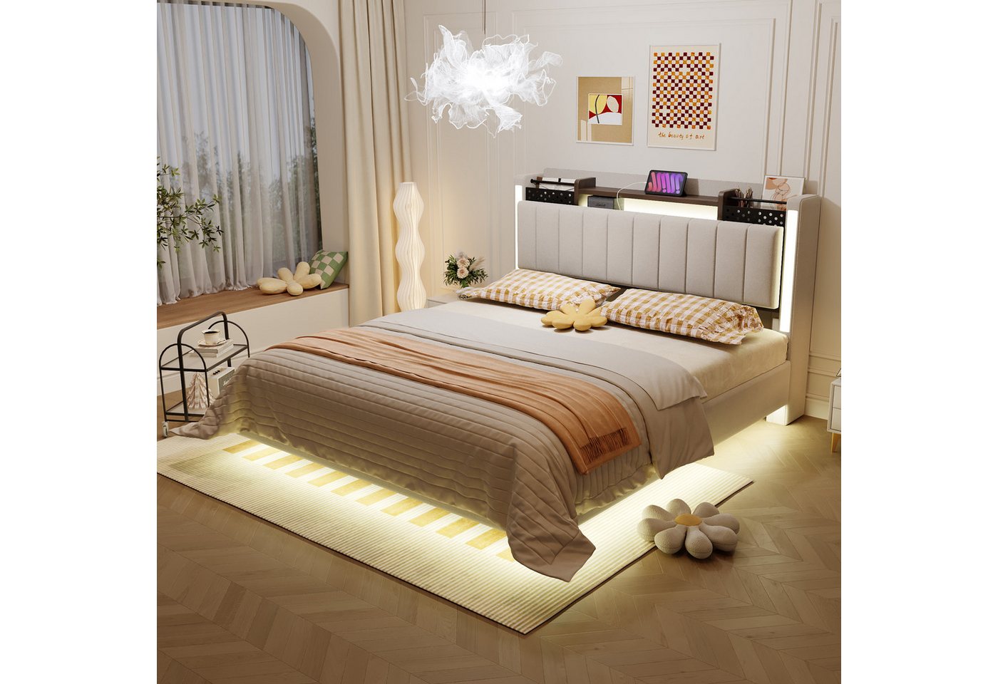 Flieks Polsterbett, LED Schwebebett Doppelbett 140x200cm mit USB-Aufladen und Stauraum – Bild 3 von 5