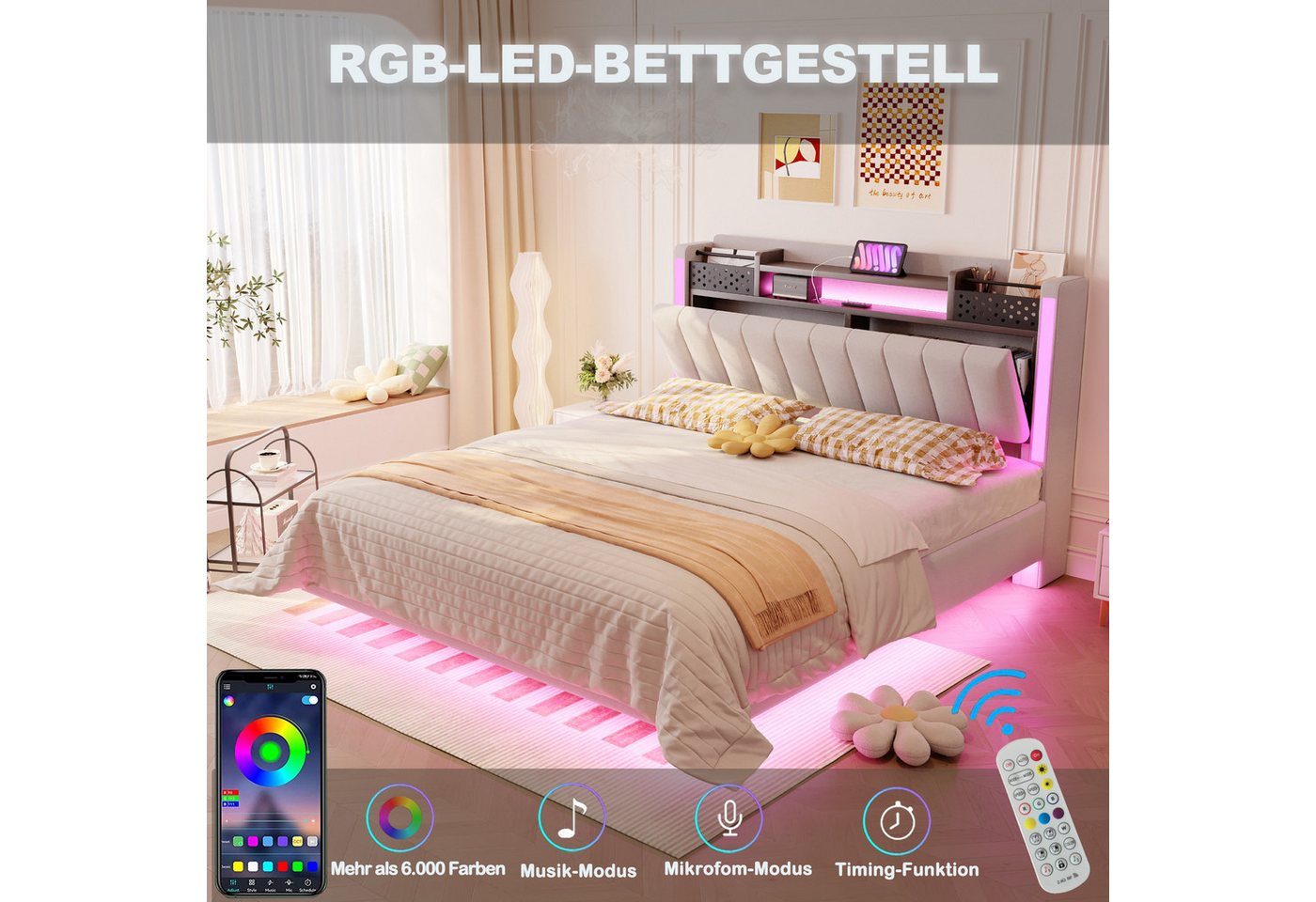 Flieks Polsterbett, LED Schwebebett Doppelbett 140x200cm mit USB-Aufladen und Stauraum – Bild 4 von 5