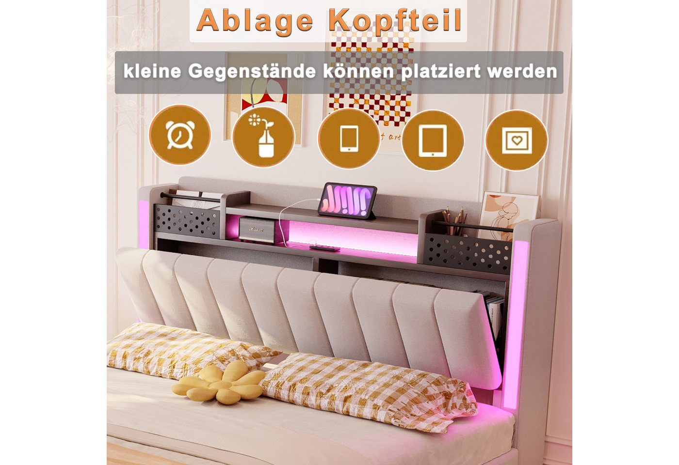 Flieks Polsterbett, LED Schwebebett Doppelbett 140x200cm mit USB-Aufladen und Stauraum – Bild 5 von 5