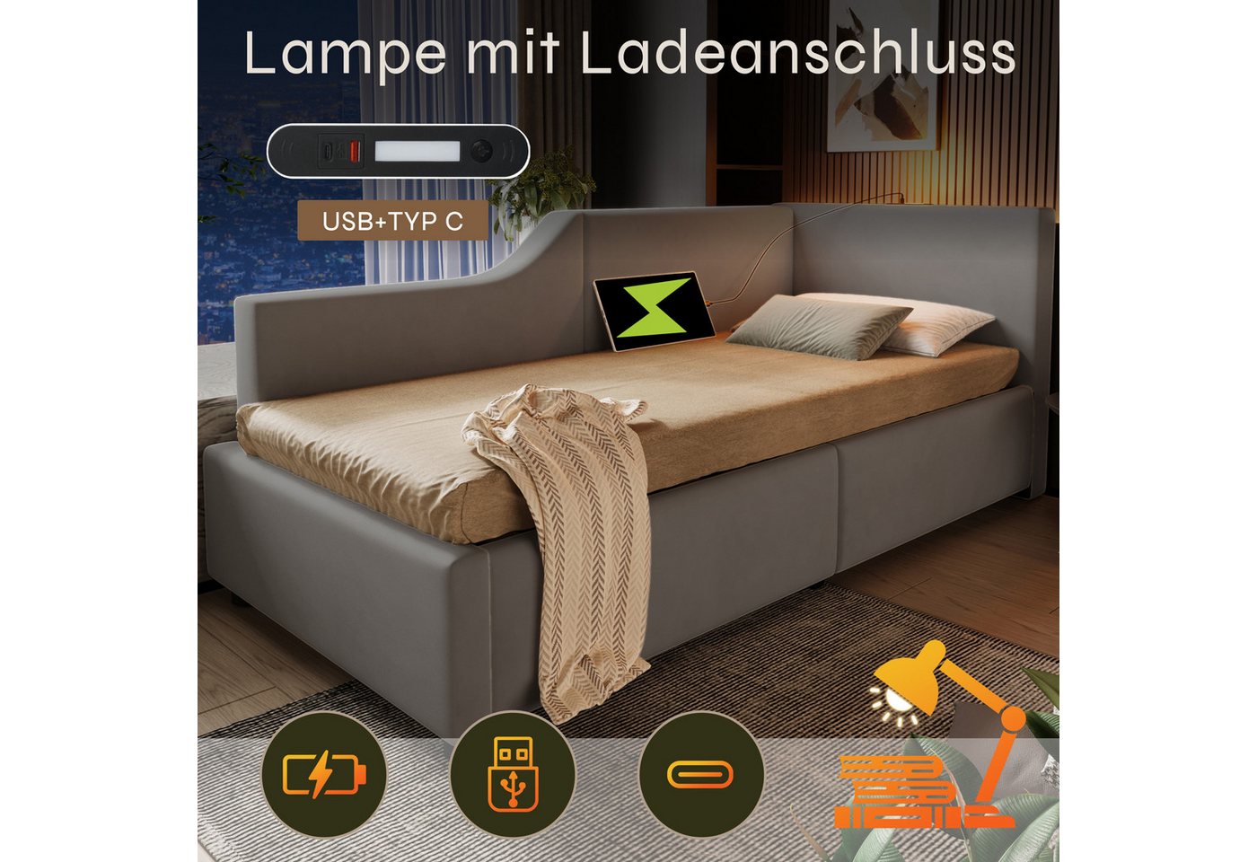 Flieks Polsterbett, Daybett 90x190cm mit hydraulischem Stauraum Leselicht Ladefunktion – Bild 4 von 5