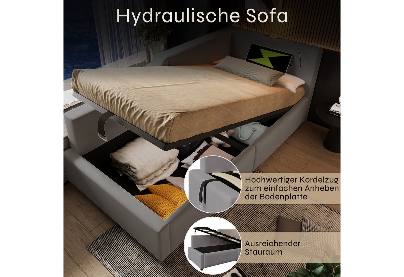 Flieks Polsterbett, Daybett 90x190cm mit hydraulischem Stauraum Leselicht Ladefunktion – Bild 5 von 5