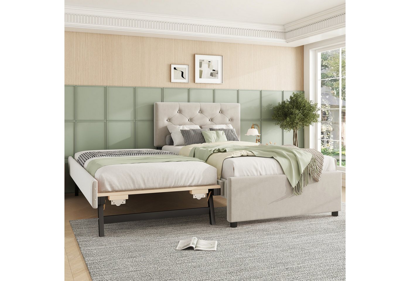 Flieks Polsterbett, Kinderbett 90x200cm mit Ausziehbett 90x190cm und Lattenrost – Bild 2 von 5