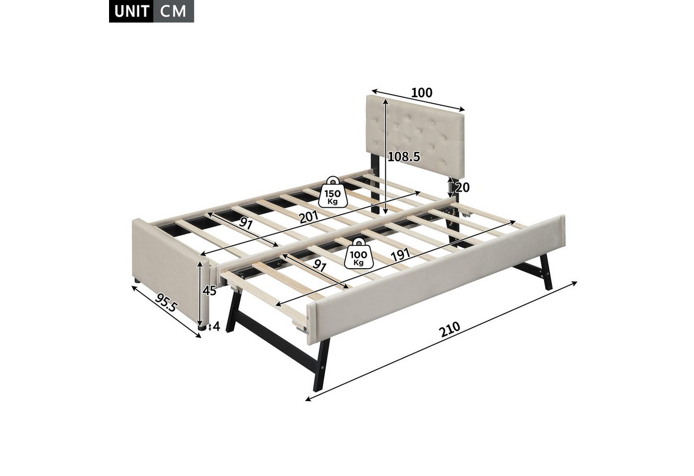 Flieks Polsterbett, Kinderbett 90x200cm mit Ausziehbett 90x190cm und Lattenrost – Bild 4 von 5