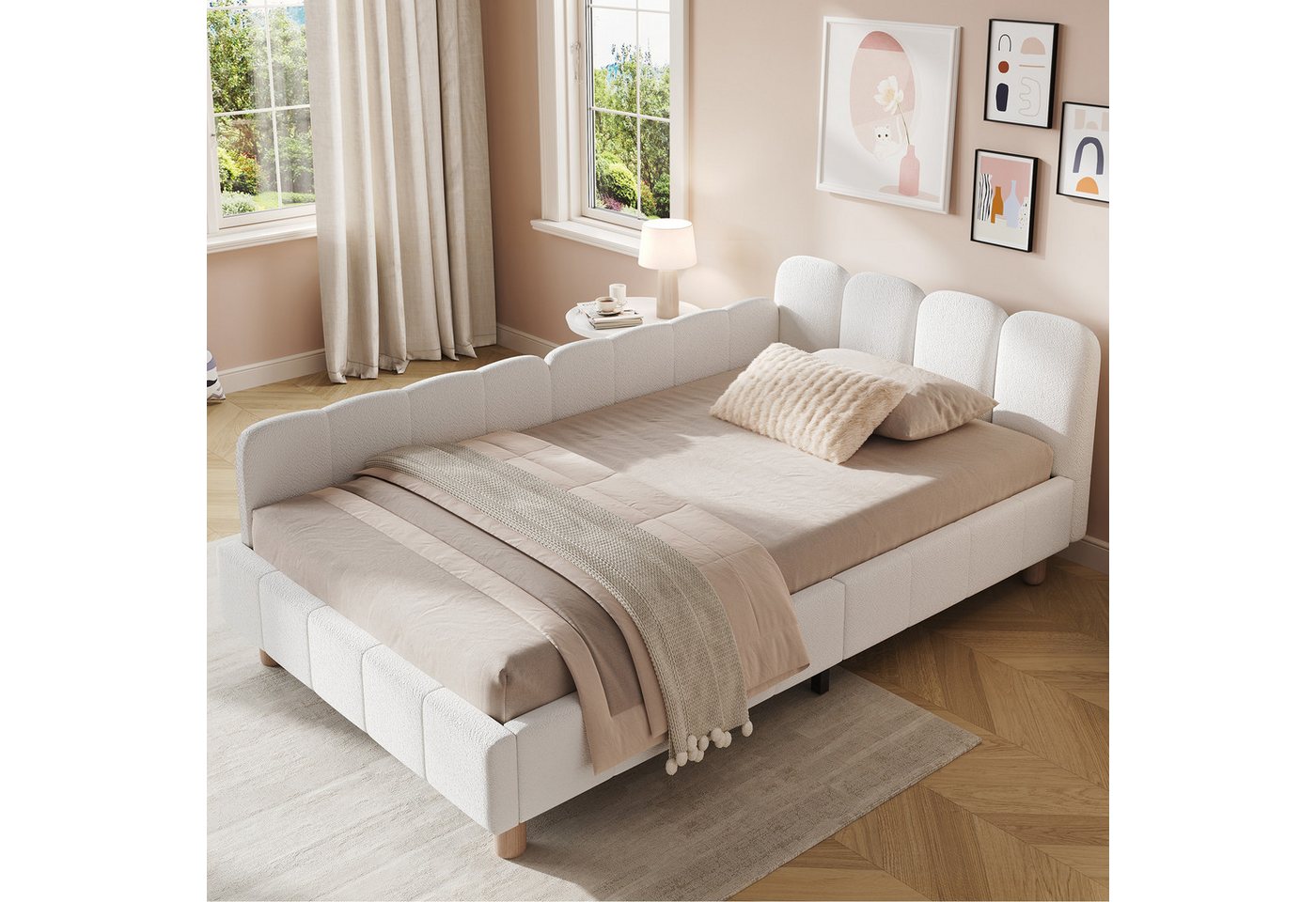 Flieks Polsterbett, Kinderbett Einzelbett 90x200cm mit Polsterkopfteil und Rausfallschutz – Bild 2 von 5