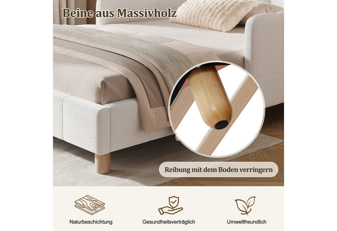 Flieks Polsterbett, Kinderbett Einzelbett 90x200cm mit Polsterkopfteil und Rausfallschutz – Bild 3 von 5