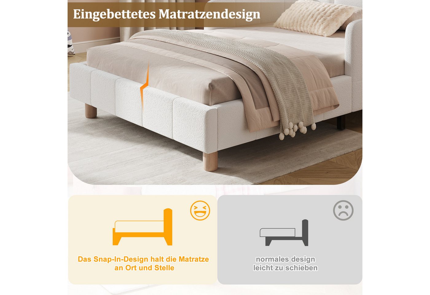 Flieks Polsterbett, Kinderbett Einzelbett 90x200cm mit Polsterkopfteil und Rausfallschutz – Bild 4 von 5
