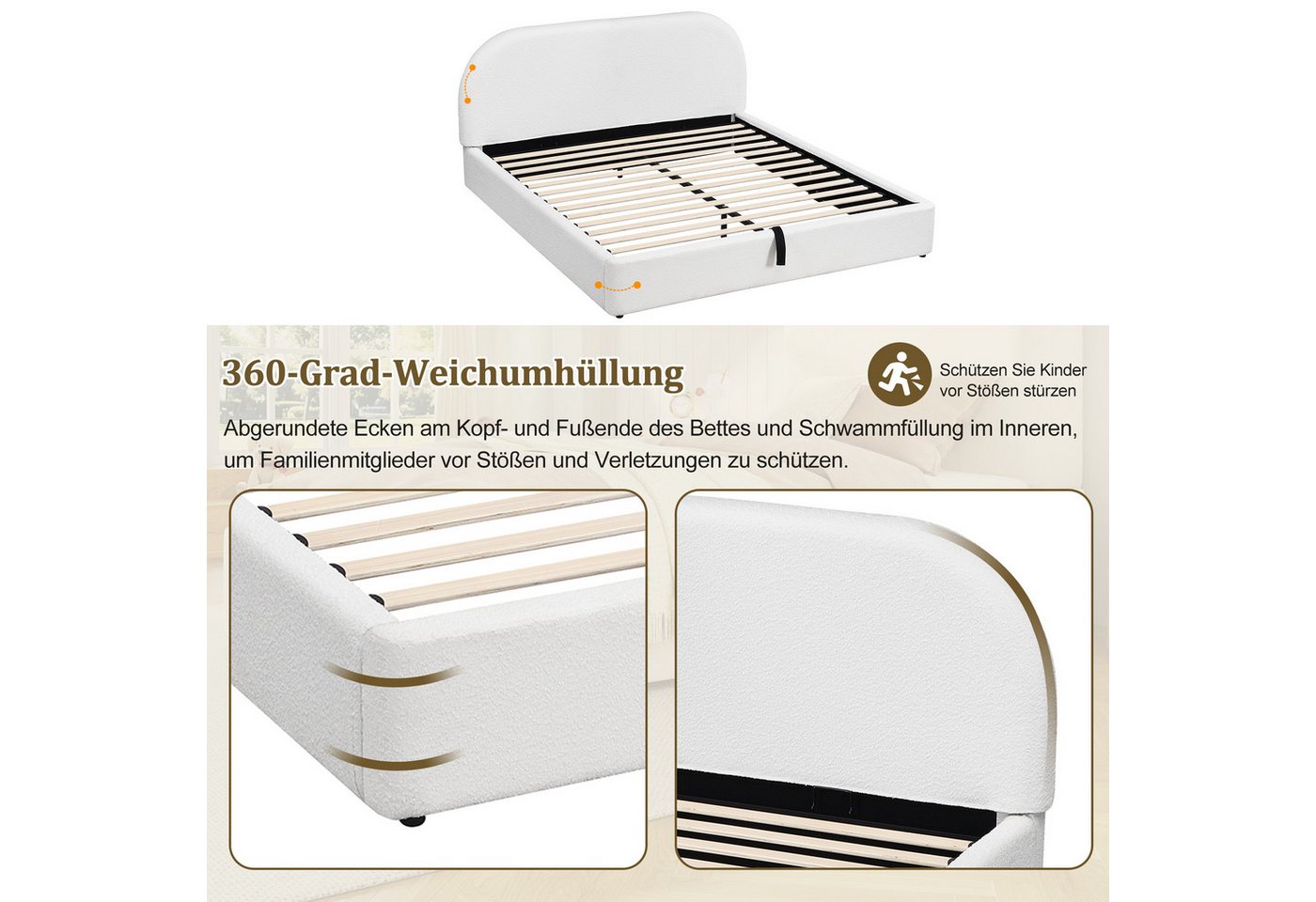 Flieks Polsterbett, Hydraulisches Stauraumbett Doppelbett 160x200cm gepolstertes Kopfteil – Bild 5 von 5