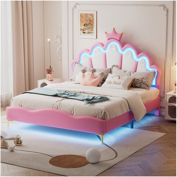 Flieks Polsterbett, LED Kinderbett Doppelbett mit krone-Form Prinzessinnenbett 140x200cm
