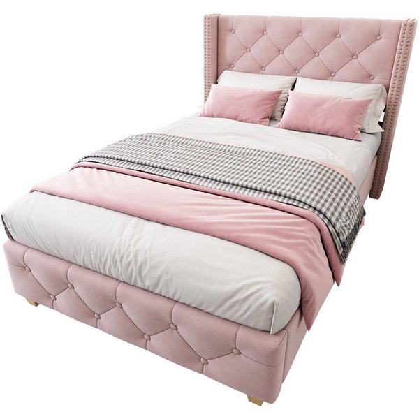 Flieks Polsterbett, Massivholz Einzelbett 90x200cm mit Lattenrost und Polster-Kopfteil