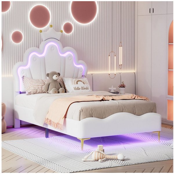 Flieks Polsterbett, LED Kinderbett Einzelbett mit krone-Form Prinzessinnenbett 90x200cm