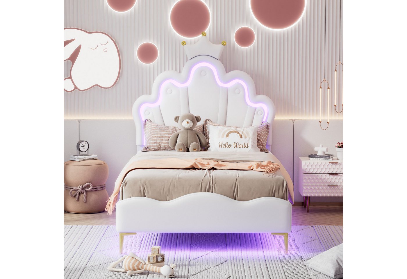 Flieks Polsterbett, LED Kinderbett Einzelbett mit krone-Form Prinzessinnenbett 90x200cm – Bild 2 von 5