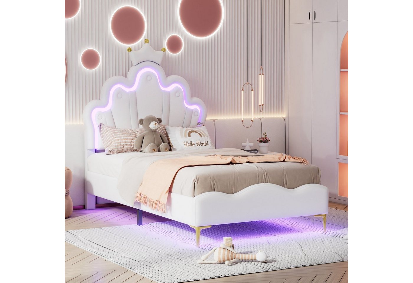 Flieks Polsterbett, LED Kinderbett Einzelbett mit krone-Form Prinzessinnenbett 90x200cm – Bild 3 von 5