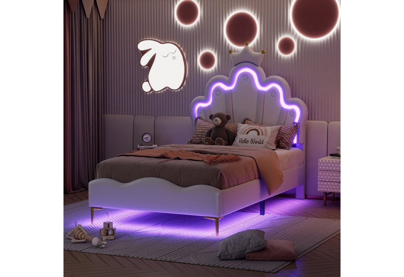 Flieks Polsterbett, LED Kinderbett Einzelbett mit krone-Form Prinzessinnenbett 90x200cm – Bild 4 von 5