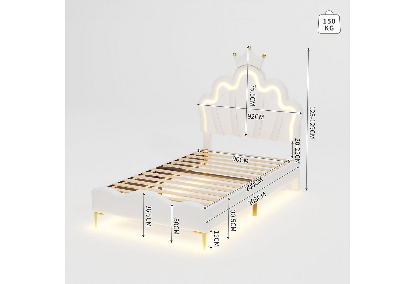 Flieks Polsterbett, LED Kinderbett Einzelbett mit krone-Form Prinzessinnenbett 90x200cm – Bild 5 von 5