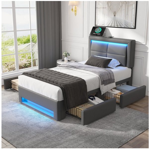 Flieks Polsterbett, LED Einzelbett 90x200cm mit USB-Anschluss und 4 Schubladen