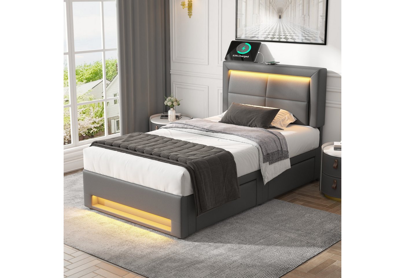 Flieks Polsterbett, LED Einzelbett 90x200cm mit USB-Anschluss und 4 Schubladen – Bild 2 von 5