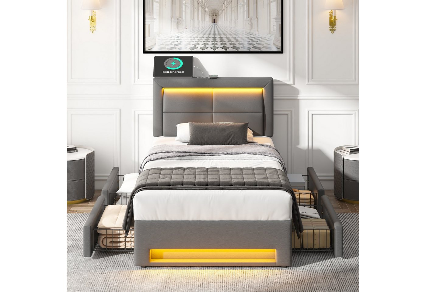 Flieks Polsterbett, LED Einzelbett 90x200cm mit USB-Anschluss und 4 Schubladen – Bild 3 von 5