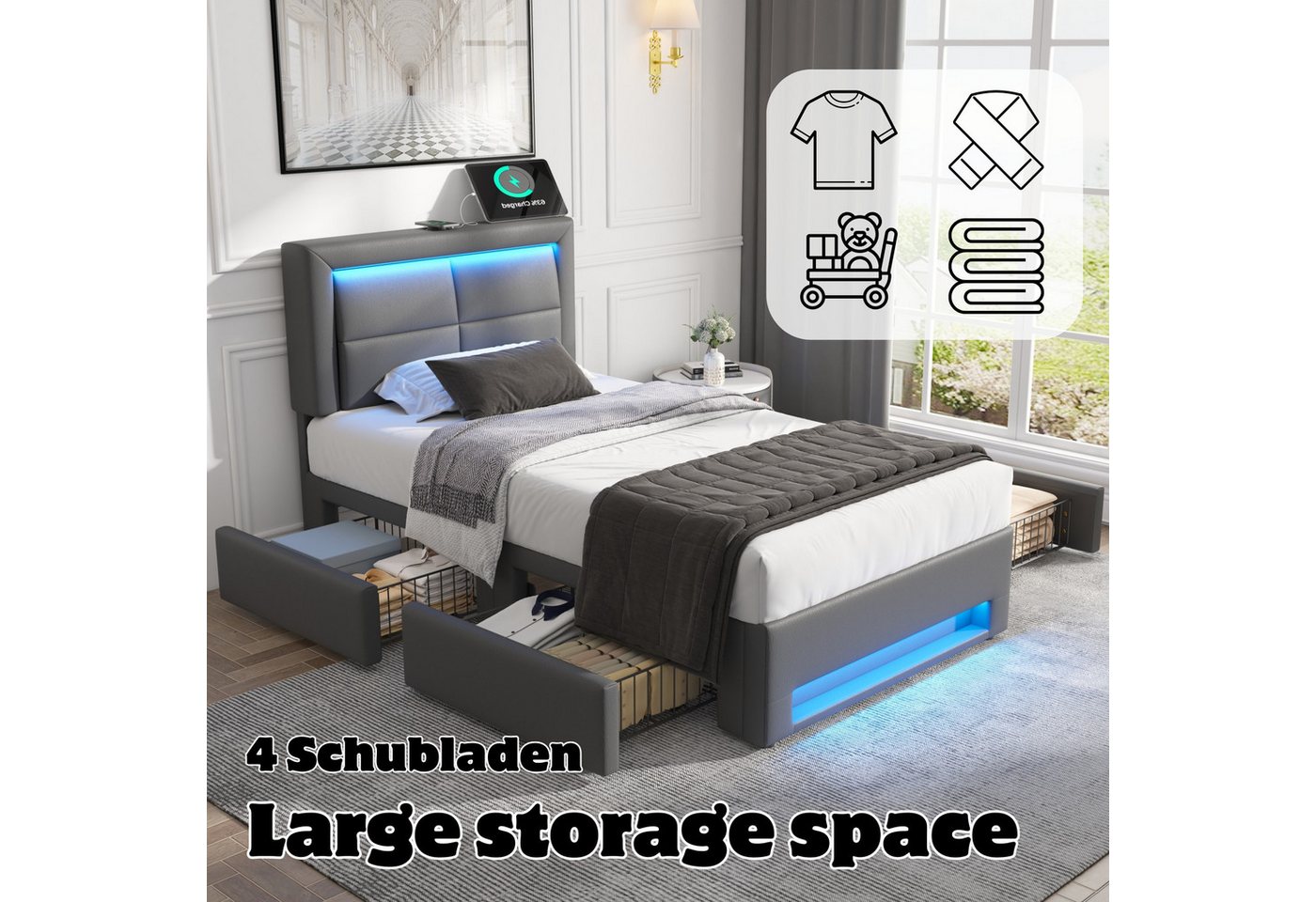 Flieks Polsterbett, LED Einzelbett 90x200cm mit USB-Anschluss und 4 Schubladen – Bild 4 von 5